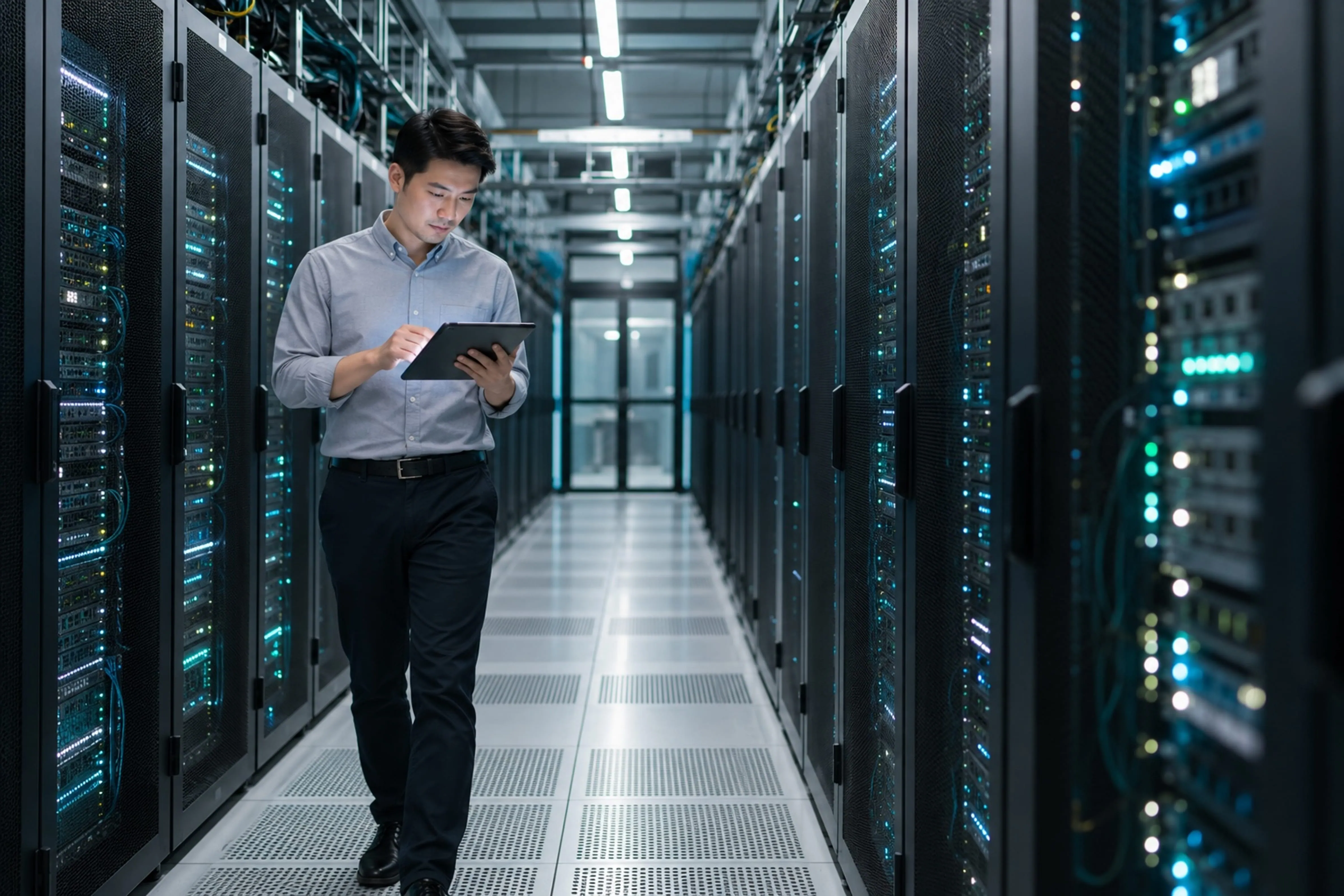 Engineer checking a tablet in a data centre aisle