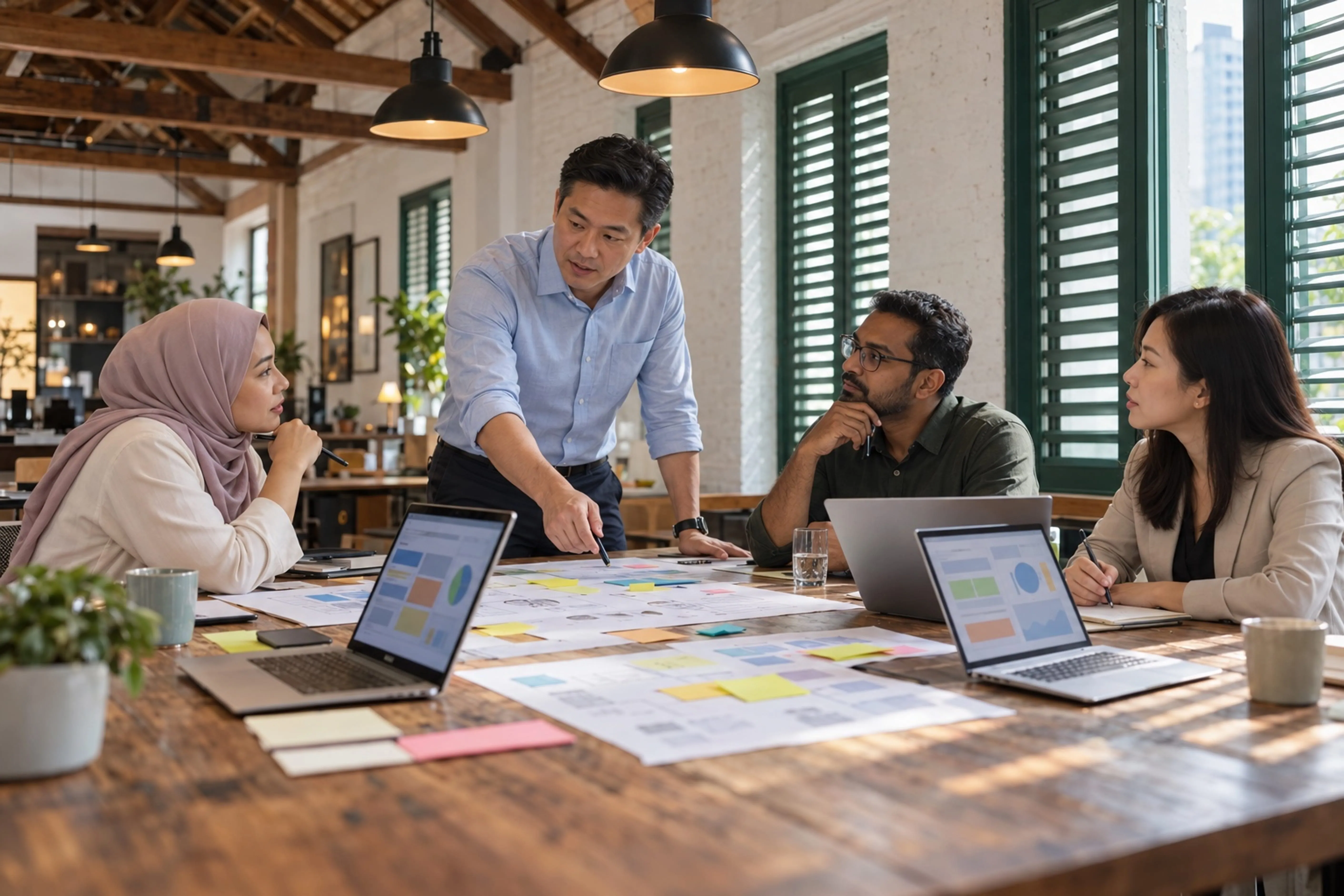 Consultant leading a strategy workshop with a Singapore business team in a shophouse office