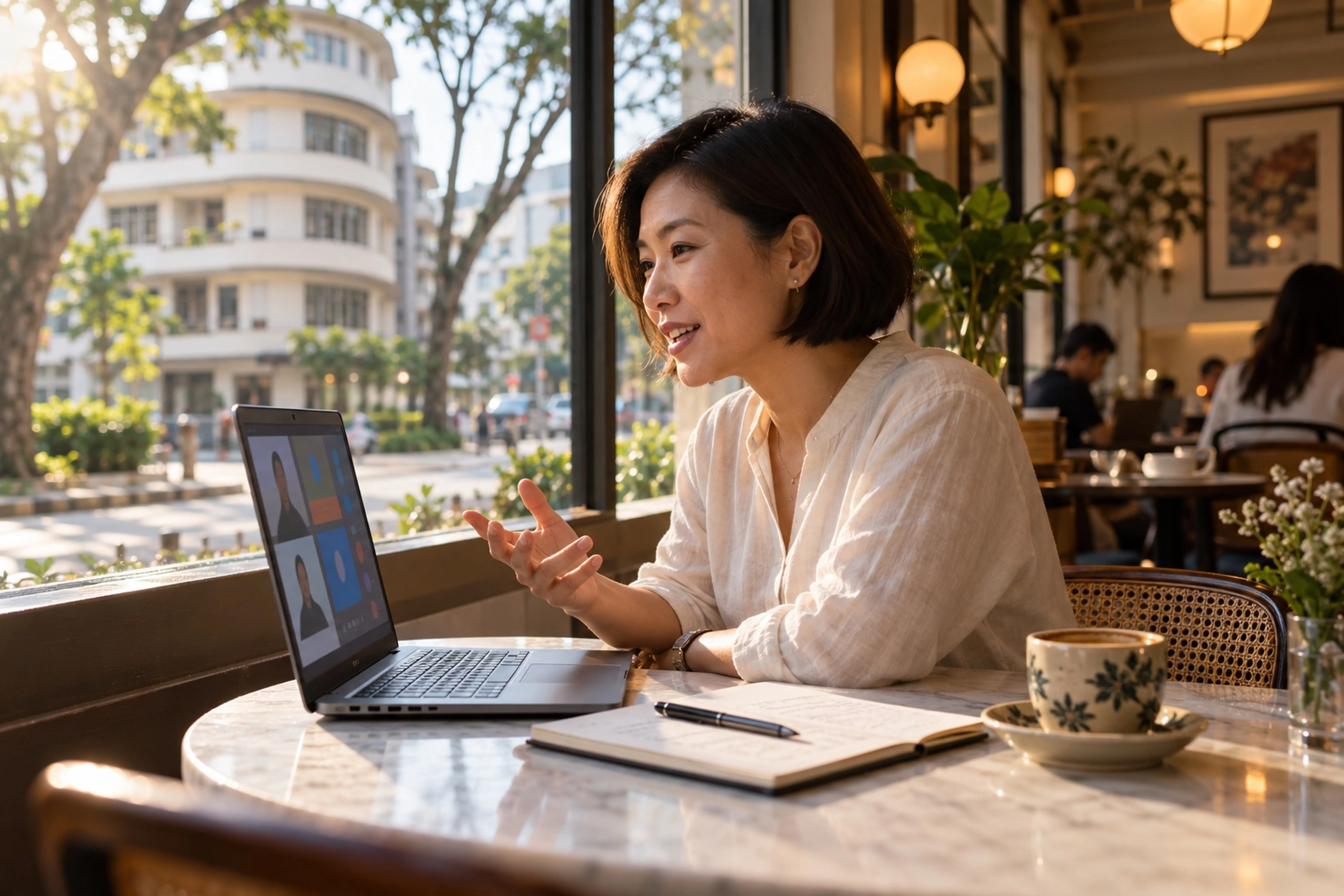 Business owner on a video call at a café in Tiong Bahru