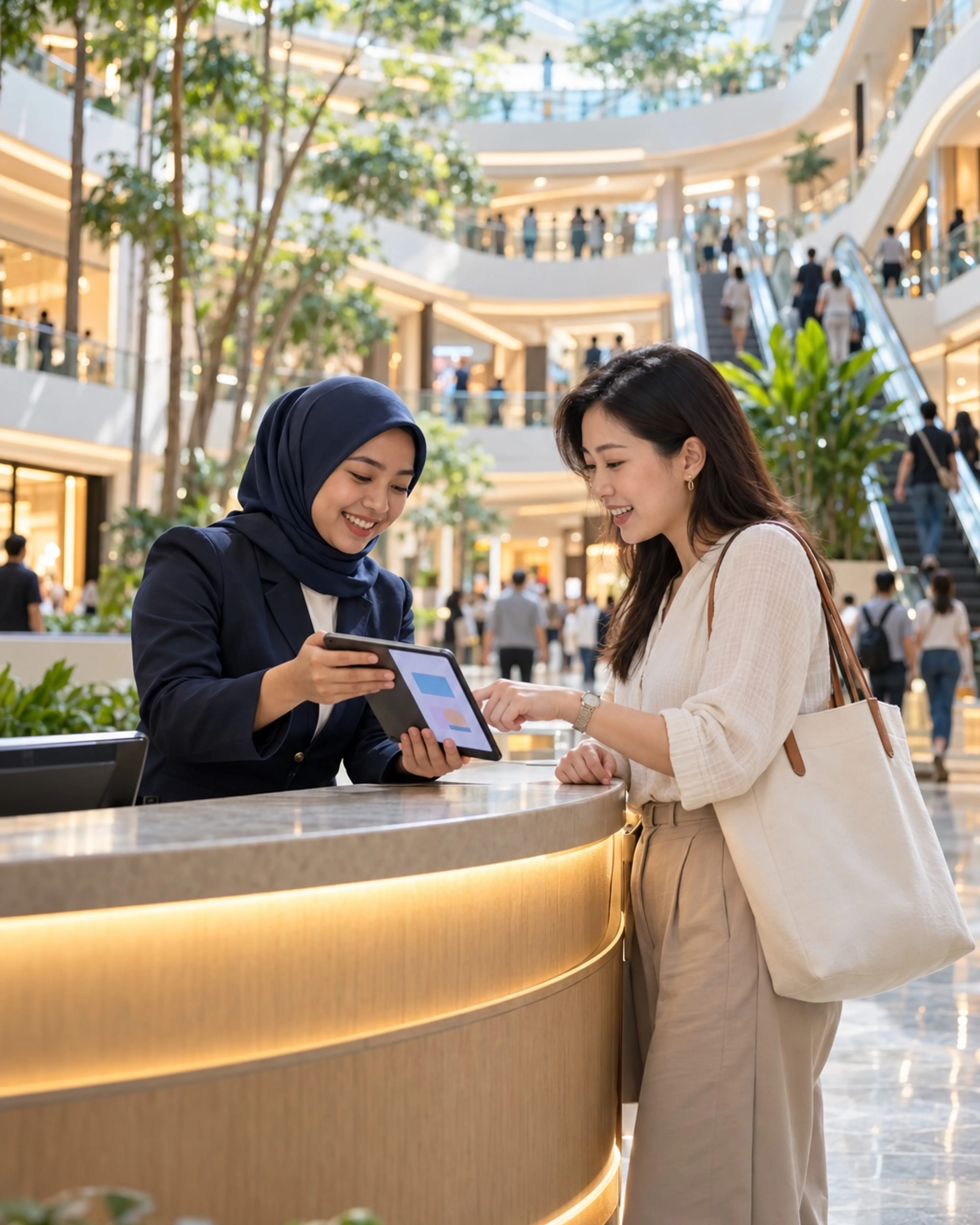 Mall concierge helping a shopper sign up to a loyalty app on a tablet