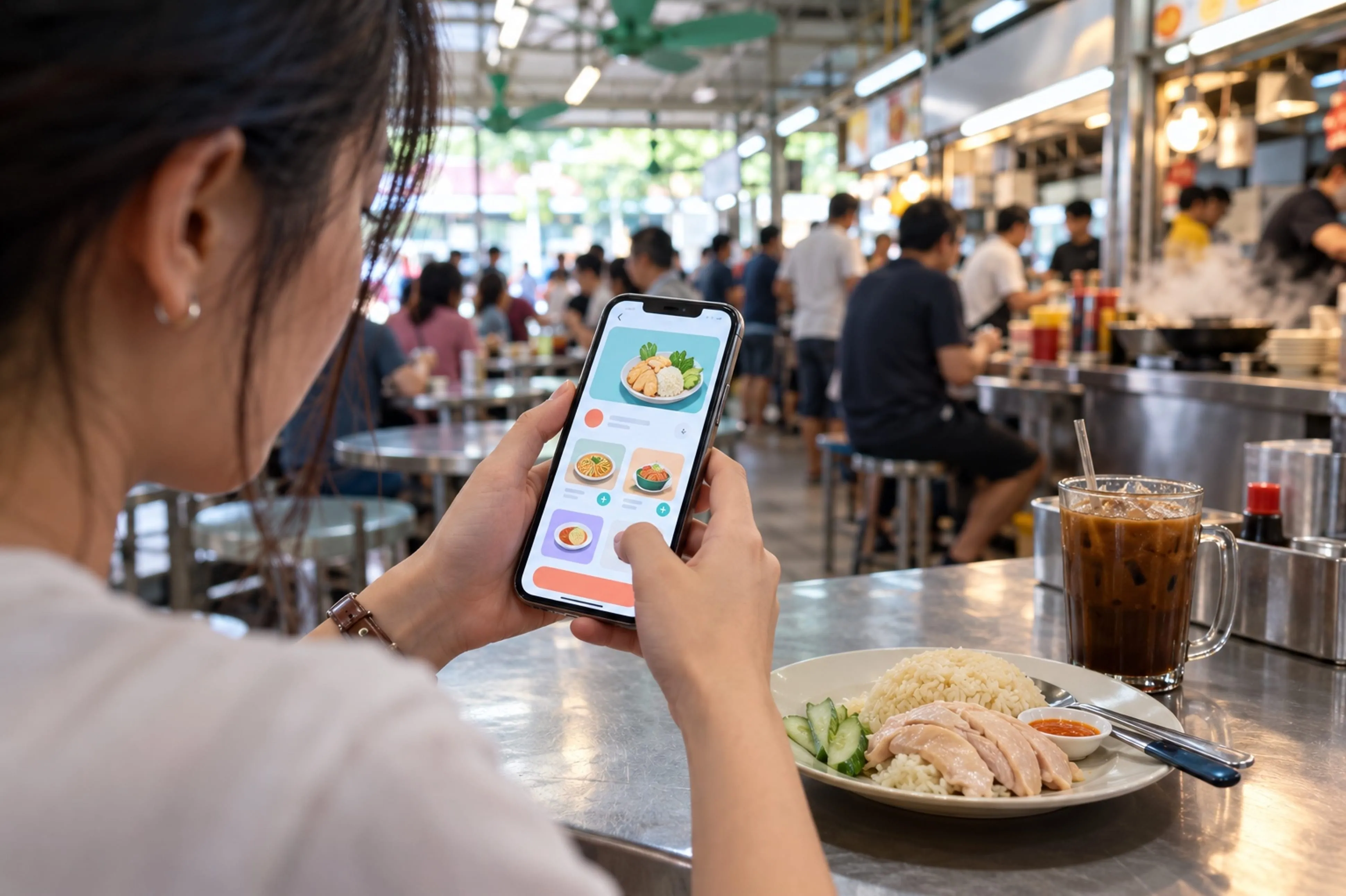 Hands holding a phone with a food-ordering app at a Singapore hawker centre