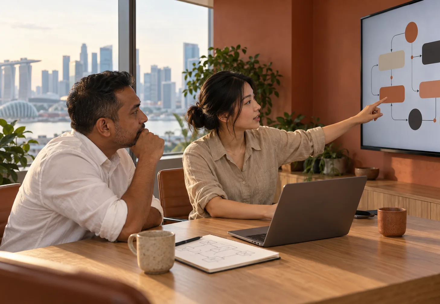 AI architect walking a client through an AI agent workflow on a wall screen in a Singapore meeting room