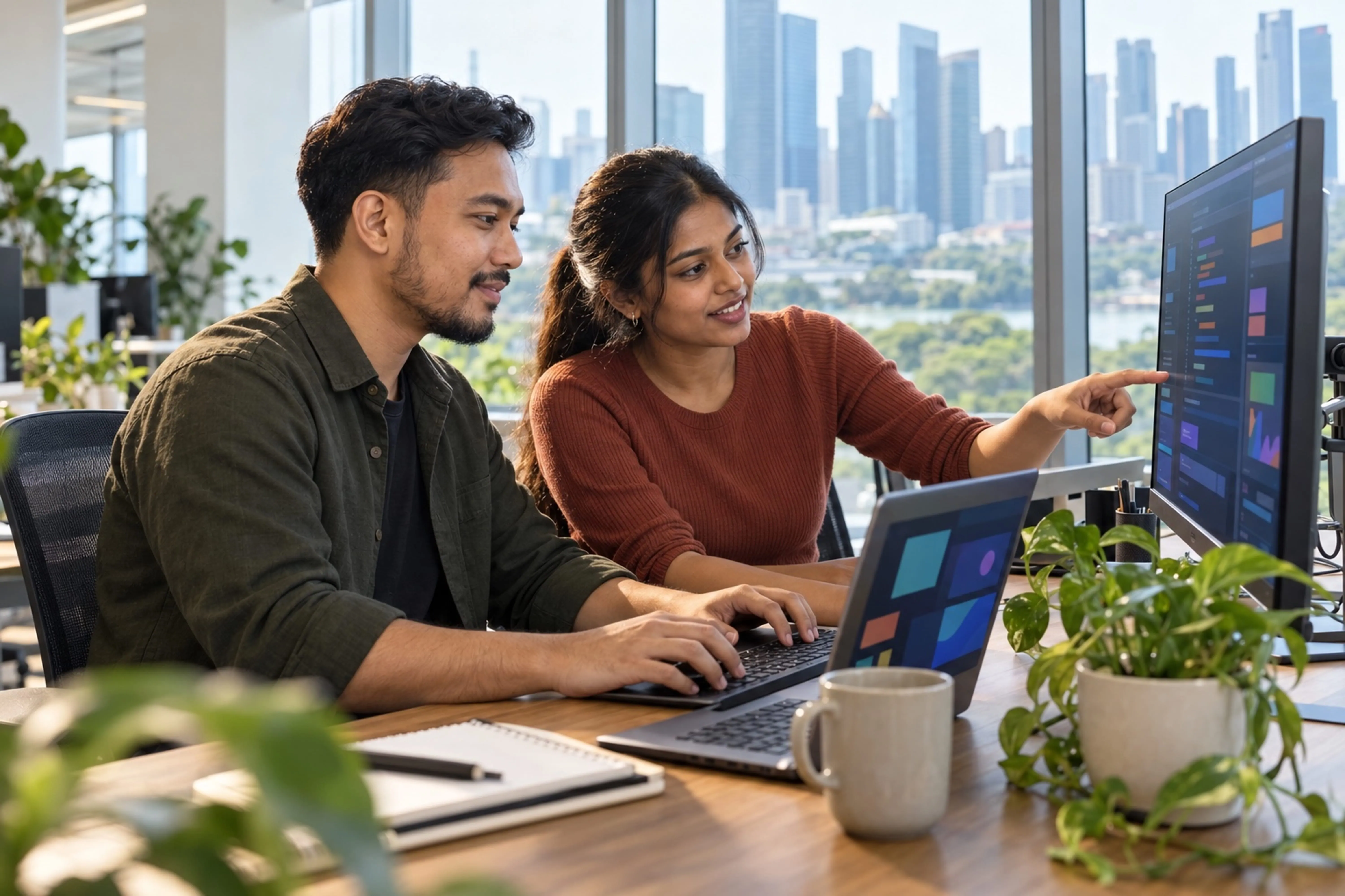 Two developers pair-programming in a Singapore office overlooking the city skyline