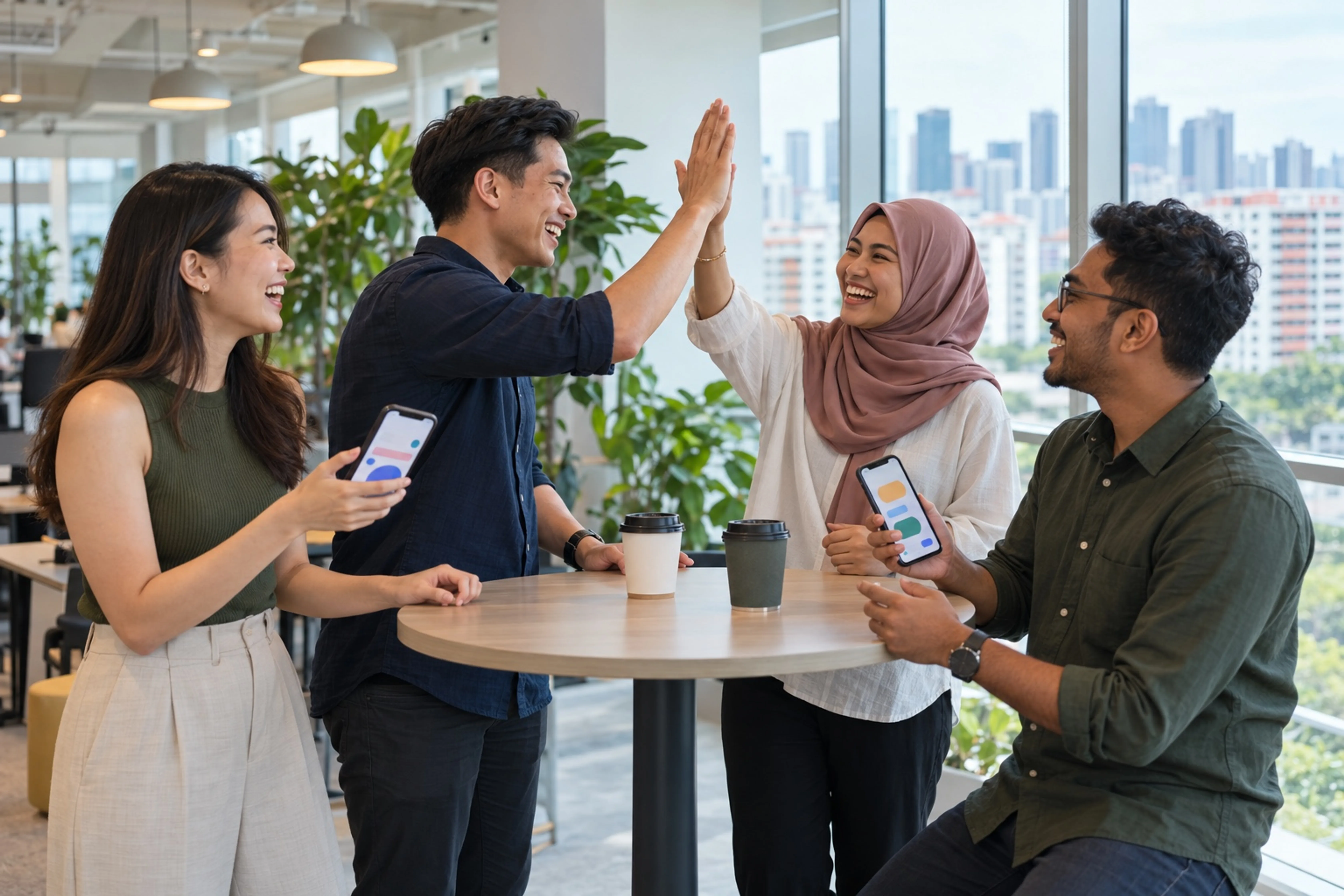 Product team celebrating an app launch with their phones