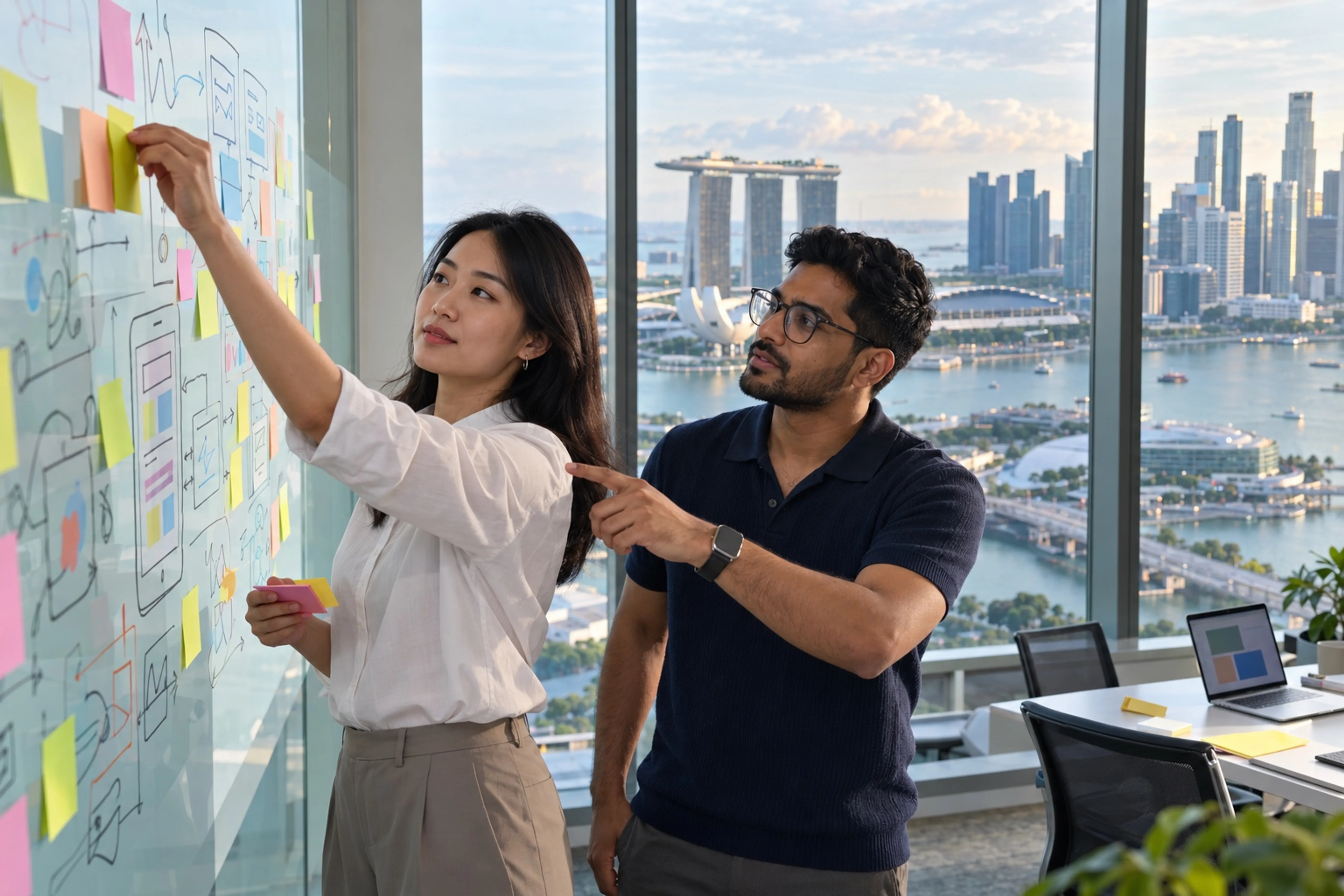 Two professionals mapping a product plan with sticky notes, the Marina Bay skyline behind them