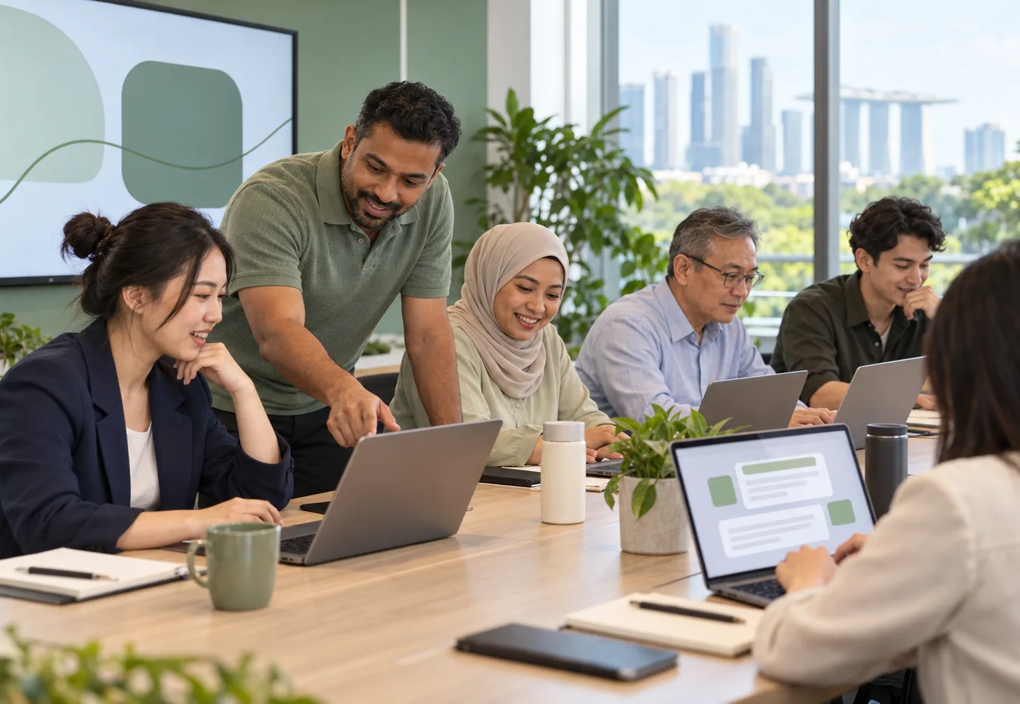 Trainer helping professionals in a hands-on AI workshop with laptops in a Singapore training room