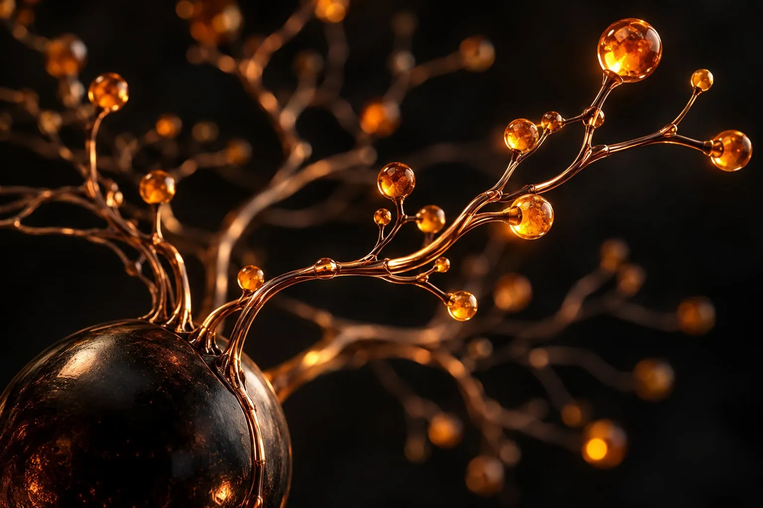 Abstract copper decision tree with glowing amber nodes against a dark background, illustrating AI agent choices