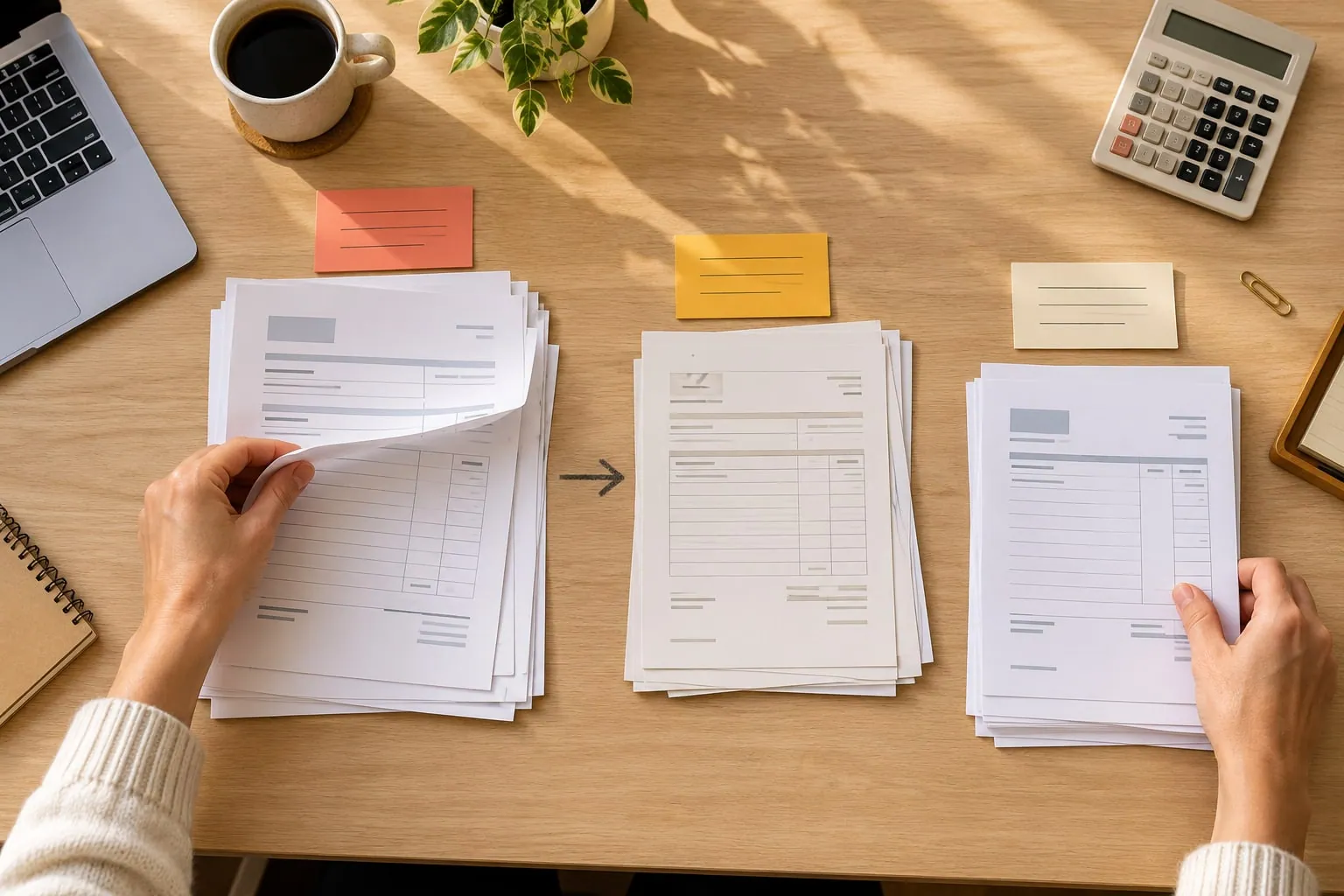 Overhead editorial image of hands sorting invoice forms into stages on a sunlit oak desk