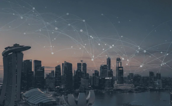 Singapore skyline at dusk overlaid with network lines